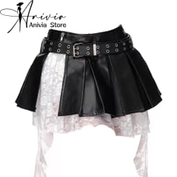 Women's Black Gothic Spliced Lace Edge A-line Mini Skirt Y2K Harajuku 2000s Style Academy Retro Cute Short Skirt Clothing 2024