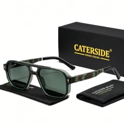 CATERSIDE Men's Polarized Pilot Sunglasses UV400 Premium Tr Frame & Wood Temple Retro Square Sun Glasses for Driving Fishing