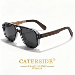 CATERSIDE Men's Polarized Pilot Sunglasses UV400 Premium Tr Frame & Wood Temple Retro Square Sun Glasses for Driving Fishing