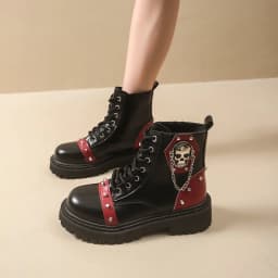 Women Punk Ankle Boots Platform Buckle Design Womens Boots Lace Up Block Heel Shoes Metal Decoration Casual Outdoor Boots 42