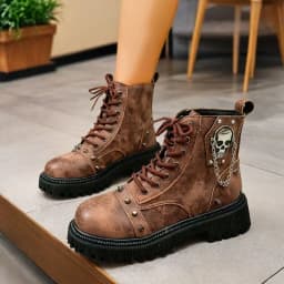 Women Punk Ankle Boots Platform Buckle Design Womens Boots Lace Up Block Heel Shoes Metal Decoration Casual Outdoor Boots 42