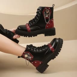 Women Punk Ankle Boots Platform Buckle Design Womens Boots Lace Up Block Heel Shoes Metal Decoration Casual Outdoor Boots 42