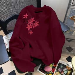 Autumn and Winter Round Neck Sweatshirt Cherry Blossom Print Loose Casual Long Sleeve Pullover
