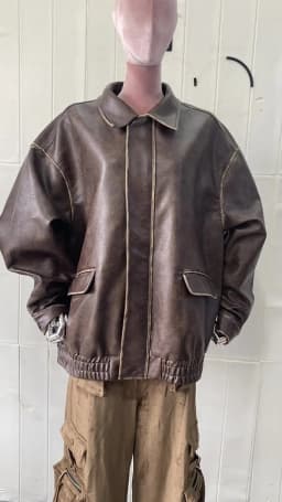 Lautaro Spring Autumn Cool Handsome Retro Oversized Distressed Brown Soft Faux Leather Jackets for Women Zipper Runway Fashion