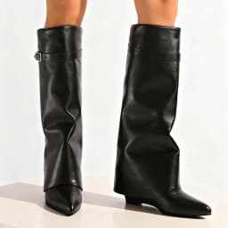 Black Pu Leather Knee High Boots Women Sexy Pointed Toe Straight Leg Boots Woman Punk Style Wedge High Heels Long Botas Mujer