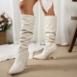Spring Autumn Women Knee High Boots for Women Pleated Thigh High Long Booties Sexy Pointed Toe Thick Heeled Black Women Botas
