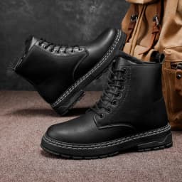 New Warm Thickened Black Men's Motorcycle Boots - Side Zipper, Comfortable, Versatile, Trendy Outdoor Street Hiking Boots