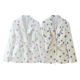 2025 Spring Autumn Lacing Up Bow Sashes Beige Floral Print Blazer Boyfriend Vintage Women Front Pockets Loose Suit Fashion Coat