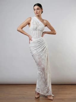 VC Elegant One-Shoulder Burgundy Lace Long Dresses for Women – Slim Fit Draped Formal Party Dress Sexy Sheer Lace Maxi Dress