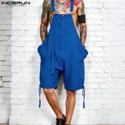 INCERUN Men's Jumpsuits Solid Color Pockets Suspender Rompers For Man Loose 2026 Summer Straps Overalls Wide Leg Shorts S-5XL