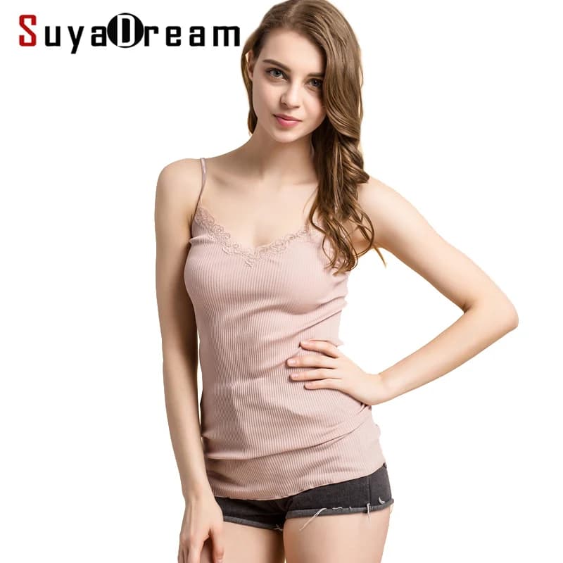 SuyaDream Women Lace Camis 70% Real Silk 30% Cotton Lace Camisoles Spandex Knits Soft Basic Shirt 2022 New Vest Solid Colors