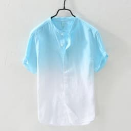 Short-Sleeved Shirt 100% Linen Cool Breathable Comfortable Healthy Material Gradient Blue Hawaiian Beach Men's Cardigan Shirt