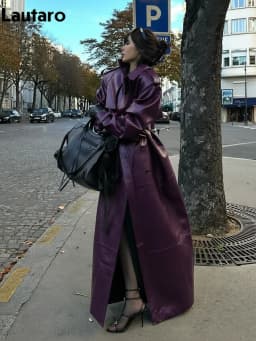 Lautaro Spring Autumn Extra Long Black Pu Leather Trench Coat for Women with Back High Slit Luxury Chic European Fashion 2024