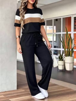 Fashion color‑block striped 2‑piece set, crew neck short sleeve top, drawstring high waist wide‑leg pants with side pockets. Soft comfortable fabric, great for daily, loungewear, street casual wear.