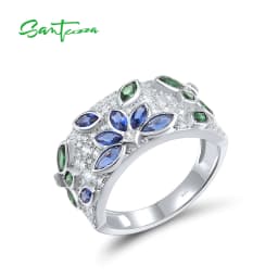 SANTUZZA Real 925 Sterling Silver Rings For Women Sparkling Blue Green Spinel White CZ Cluster Flower Marquise Fine Jewelry