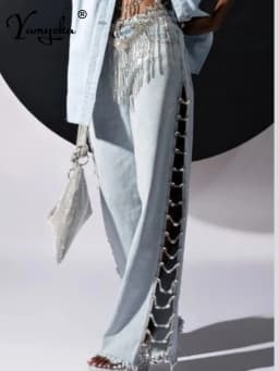Sexy Hole Rhinestone Denim Pants Women Fashion Baggy Pants Hotwife Streetwear High Waist Wide Leg Jeans Woman Clothing Trousers