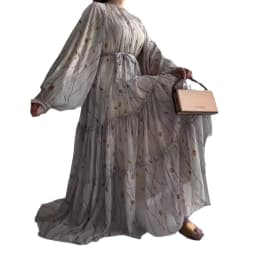 Women Dress Long Dresses A Line Casual Puff Full Sleeve Round Neck Maxi Lace Up Tight Waist Print Floral Elegant Splice Vestidos