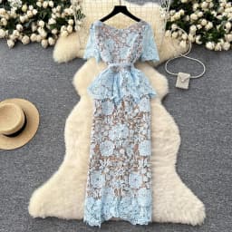 Summer Beaded Diamonds Embroidery Lace Hollow Out Evening Dresses Women Short Sleeve Ruffles Peplum Belt Midi Prom Vestidos