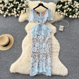 Summer Beaded Diamonds Embroidery Lace Hollow Out Evening Dresses Women Short Sleeve Ruffles Peplum Belt Midi Prom Vestidos