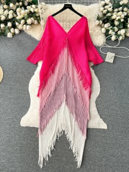 Miyake Tassel Patchwok Color Block Dress for Women Pleated Batwing Sleeve Mid-calf Dresses Fashion Female 2025 Summer