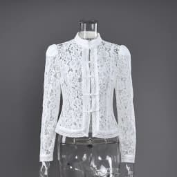Linad Elegant Embroidery Puff Sleeve White Shirts Summer Sexy Hollow Out Lace Blouse Casual Sand Collar Top 2025 Vintage Shirts