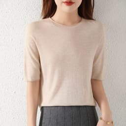 WinvyNee Women Worsted Wool Crew Neck Short Sleeve Pullover Spring Autumn Everyday Knit Basic Garment Soft Casual Wear A1757009