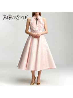 TWOTWINSTYLE Elegant Slimming Spliced Lace Long Dresses for Women Lapel Sleeveless High Waist Patchwork Bowknot Dress Female New