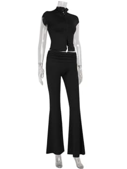 Ahagaga Sexy Women's Sets Short Sleeves Hollow Out Skinny Zipper Basic 2Pcs (Tops+Long Pants) High Street Turtleneck Reacksuits