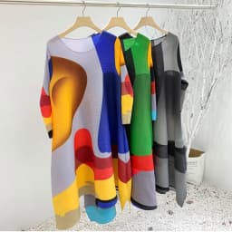 Miyake Pleated Printed Skirt Spring Autumn New Temperament Plus Size Large Swing High Waist Casual Dresses for Women