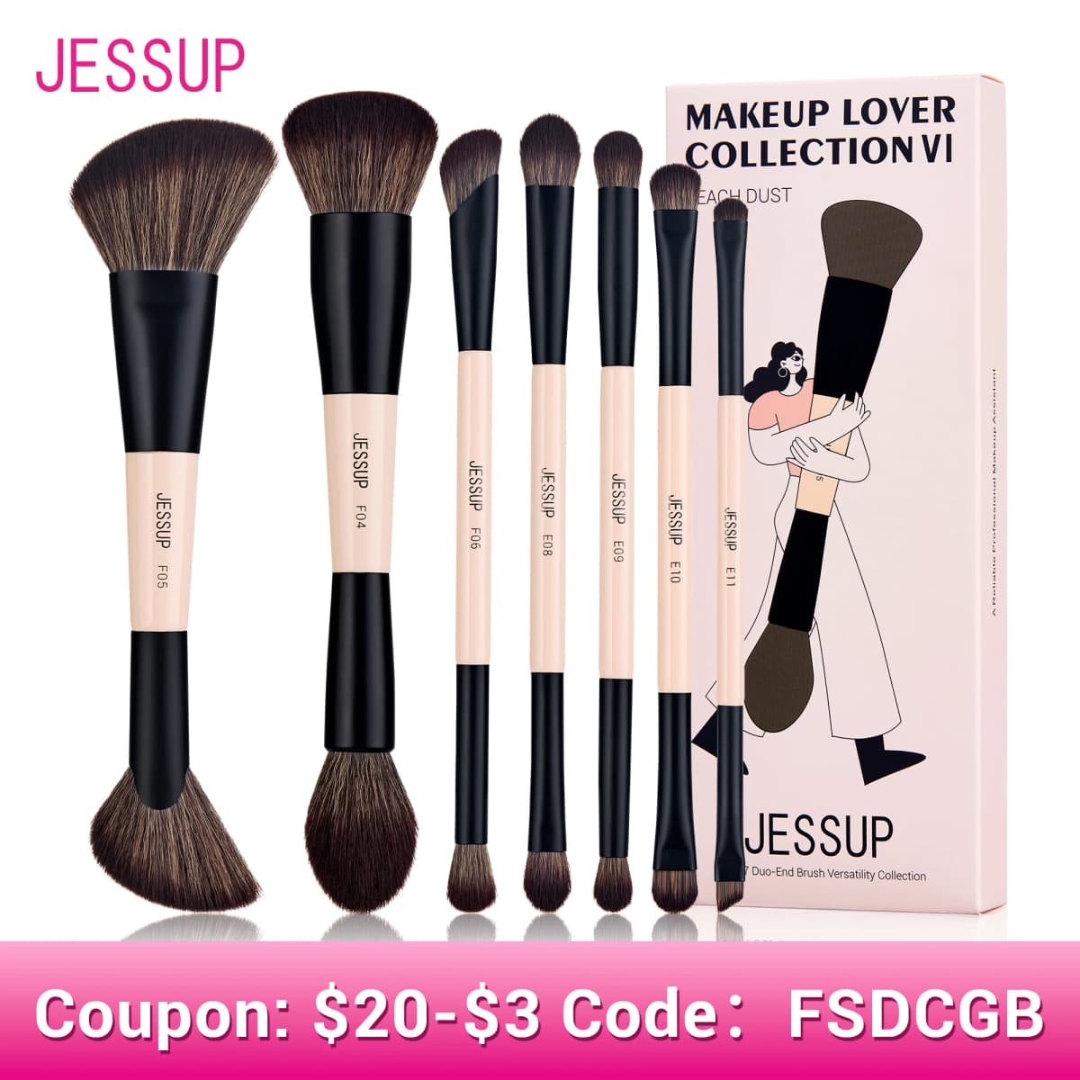 Jessup Makeup Brushes Set, 3/5/7pcs Double Sided Makeup Brush Foundation Eyeshadow Powder Blending,Cruelty-Free Peach Dust T600