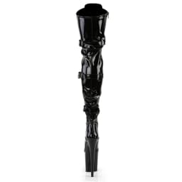 20CM Extreme High Knee Boots for Pole Dance | Black Patent Leather Lace-Up & Buckle Strap | Non-Slip Sole Stage Performance Shoe