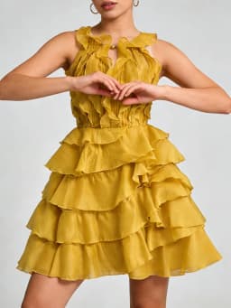 TWOTWINSTYLE Fashion Slimming Spliced Ruffles Mini Dresses F or Women Round Neck Sleeveless High Waist Casual Dress Female New