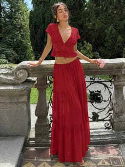 Hugcitar Fashion 2 Piece Sets Solid Short Sleeve Patchwork Lace Crop T-Shirt Lace Up Maxi Skirt Sheer Women Outfits Vacation