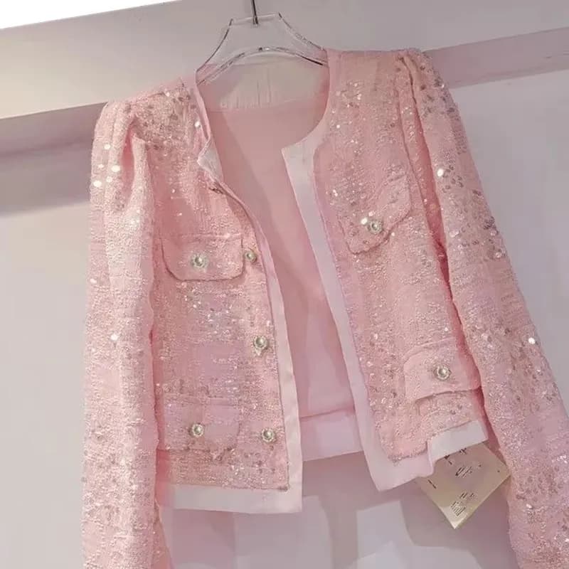 Spring Autumn Women's Jacket Korean New Cardigan Splicing Sequin Outerwear Female Long Sleeved Stylish Socialite Versatile Top