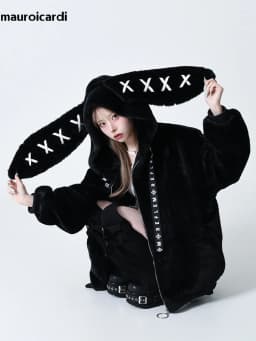 Mauroicardi Autumn Winter Sweet Cute Kawaii Soft Thick Warm Black Faux Fur Coat Women with Bunny Ears Cute Fluffy Jacket Hoodie