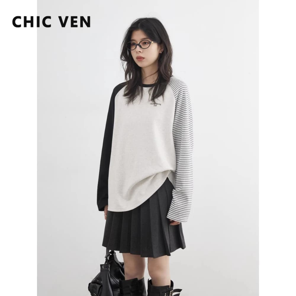 CHIC VEN New Fashion Women T-Shirts Loose Casual Long Sleeved O Neck Tees Bottom Female Top Pullover Coat Autumn Winter 2025