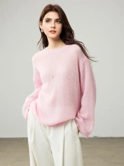SuyaDream, Women Pullovers, 53.1%Mohair, O-Neck, Soft Loose Sweaters, 2025 Fall Winter Cozy Top, Pink, White