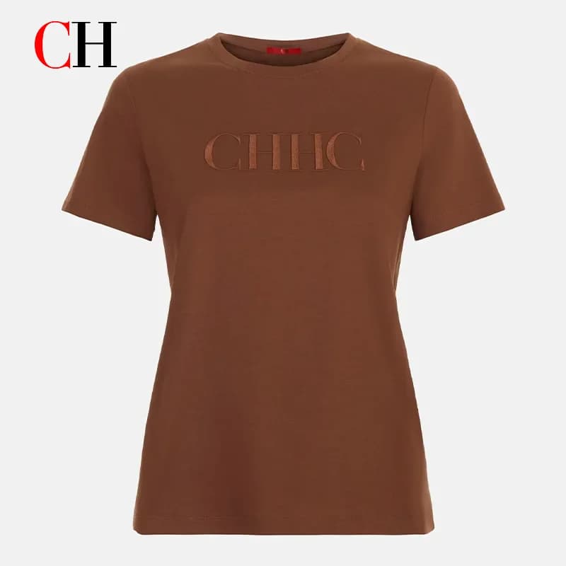 CH Premium Pure Cotton Embroidered T-shirt Brown CHHC Letter Embroidered Top Women 2026 New Simple Round Neck Base Shirt
