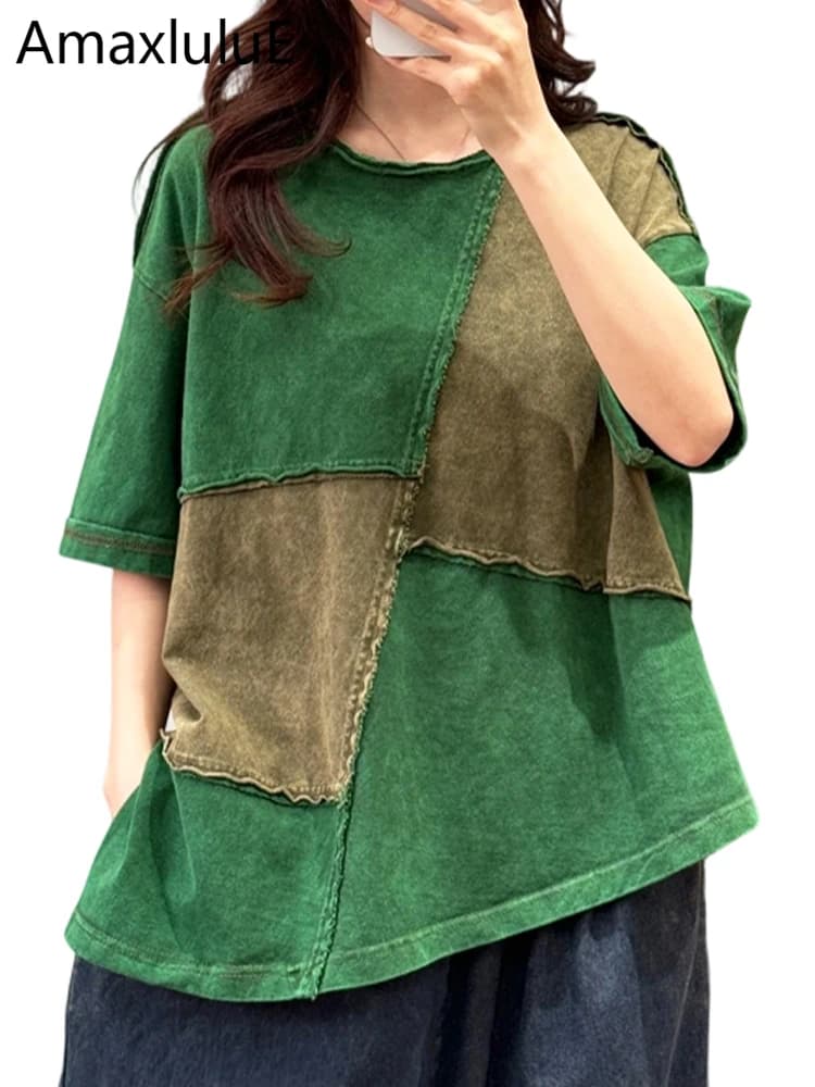 Amax LuluE 2026 Summer Vintage Loose Tee Shirts Womens Korean Design Classic O Neck Tops Ladies Fashion Causal Patchwork Clothes