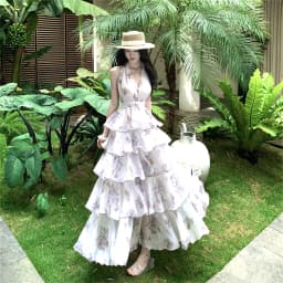 Summer Vacation Floral Printed Halter Chiffon Tiered Maxi Dress for Women Sexy V-Neck Backless Lace-up Ruffles Holiday Long Dres