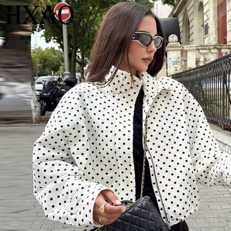 Women's Jackets Spring Autumn Thin Polka Dot Oversized Long Sleeve Outerwear Plus Size Zip Up Crop Coats