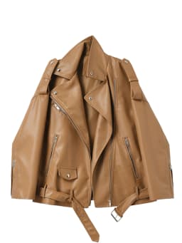 Ailegogo Women Loose Motorcycle Biker Black Pu Faux Leather Jacket with Belt Spring Autumn Female Zipper Coat Outwear