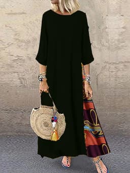 Women Vintage Harajuku Long Dress Bohemian Stitching Print 3/4 Sleeve O Neck Loose Oversized Maxi Dress Casual Elegant Robe