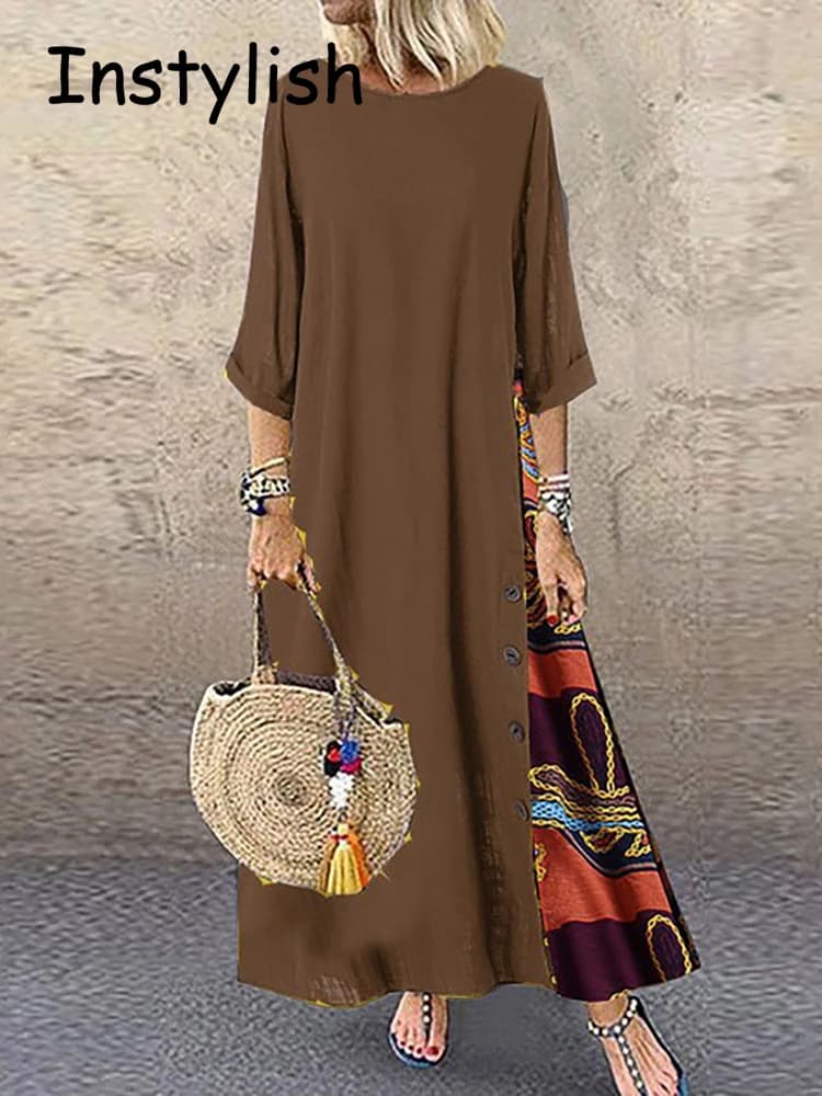 Women Vintage Harajuku Long Dress Bohemian Stitching Print 3/4 Sleeve O Neck Loose Oversized Maxi Dress Casual Elegant Robe