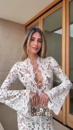 Sexy Lace Women's See-Through Curvy Dresses White Deep V Neck Bandage Slit Long Sleeve Maxi Dress 2025 Summer Evening Party Club