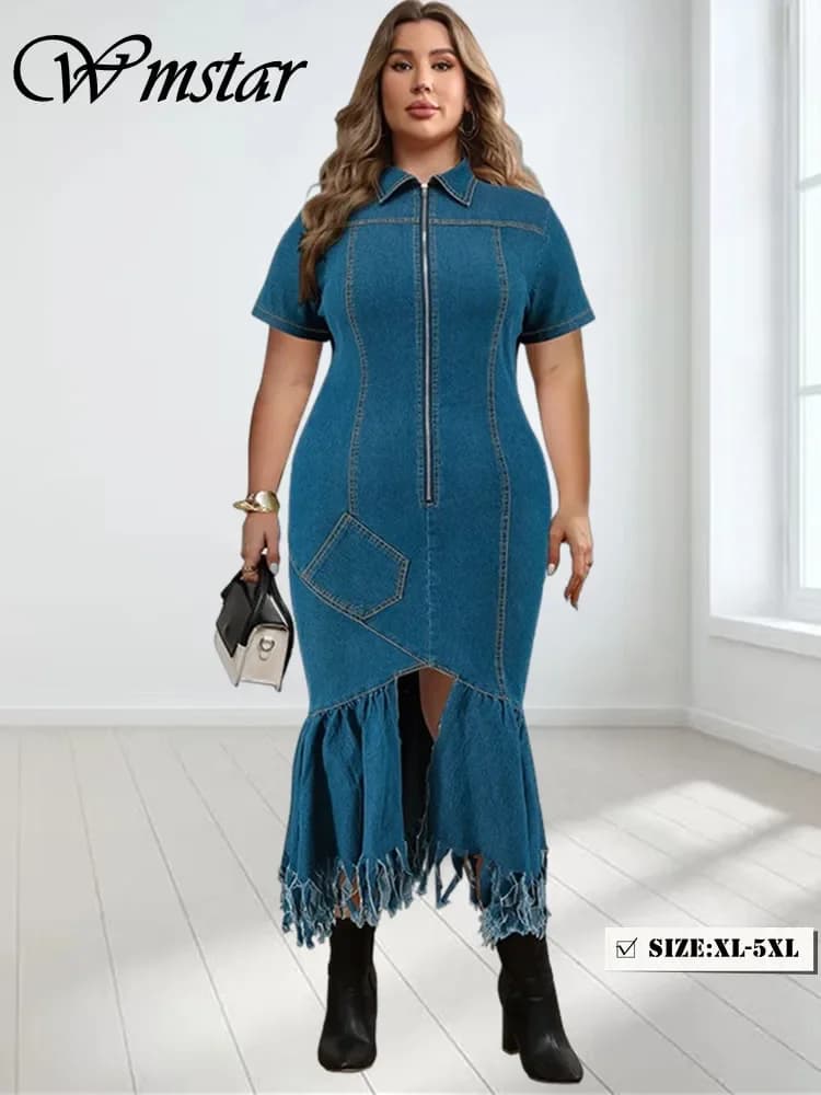 Wmstar Denim Plus Size Dresses for Women Summer Solid Zipper Tassel Hem Fashion Elegant Maxi Dress Wholesale Dropshipping 2024