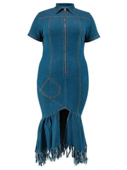 Wmstar Denim Plus Size Dresses for Women Summer Solid Zipper Tassel Hem Fashion Elegant Maxi Dress Wholesale Dropshipping 2024