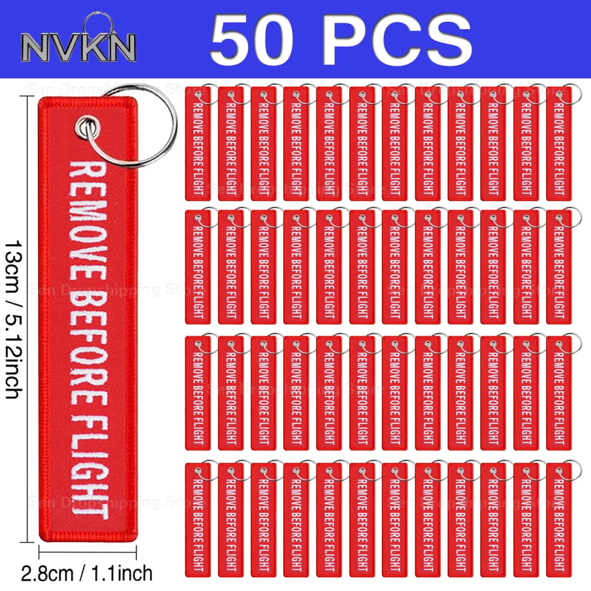 50Pcs Aviation‑style keychain: embroidered red ribbon with white text “Remove Before Flight” for backpacks & cars key ring
