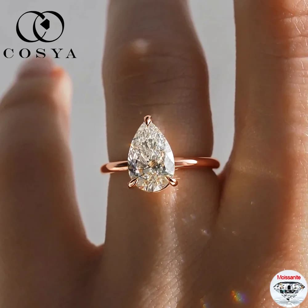 COSYA 1-4CT Pear Cut Moissanite Ring/Necklace for Women 925 Silver Plated 18K Gold Waterdrop Solitaire Wedding Band Fine Jewelry