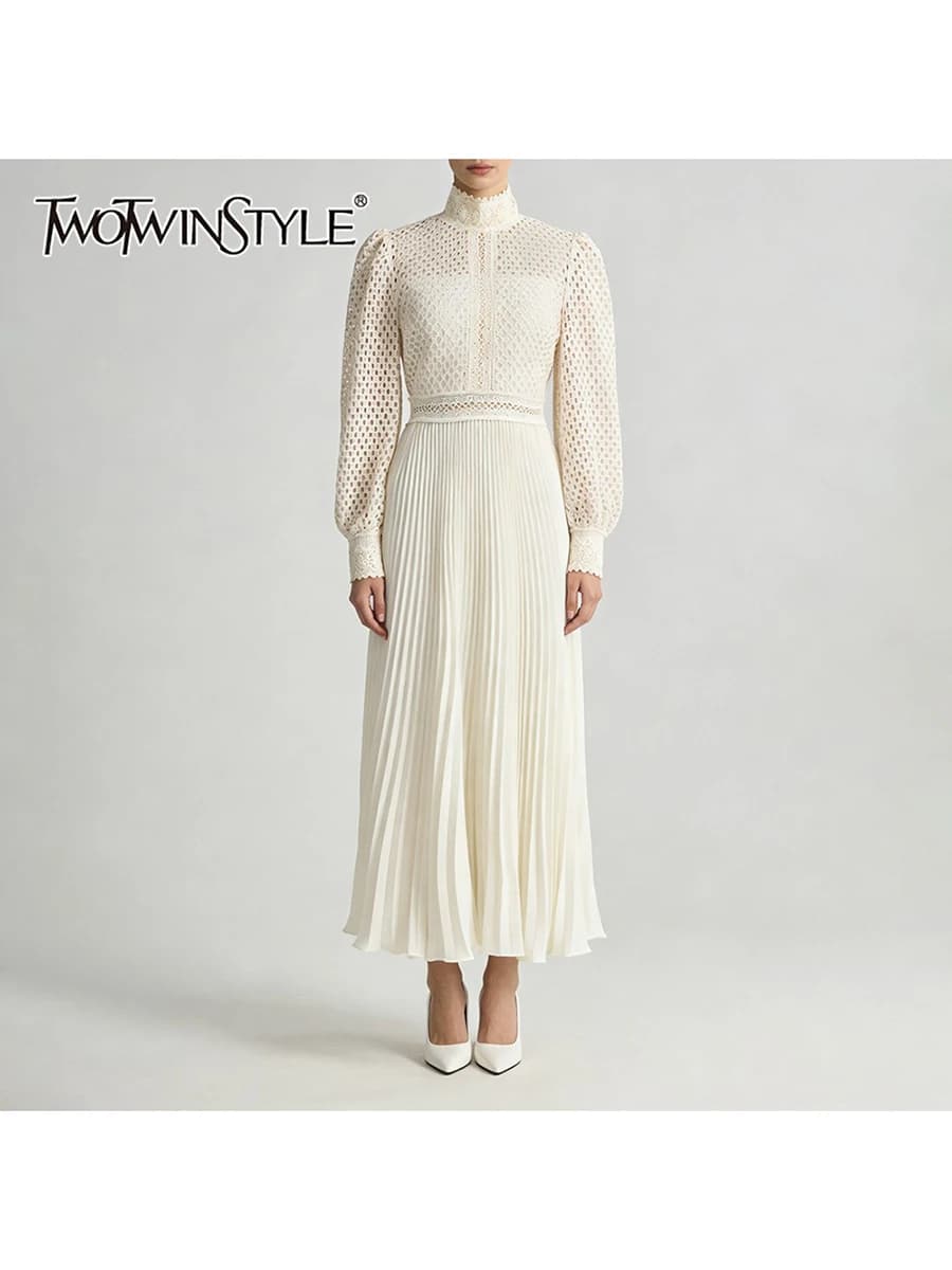 TWOTWINSTYLE Solid Hollow Out Spliced Embroidery Elegant Dresses for Women High Neck Long Sleeves Tunic Casual Dress Female New